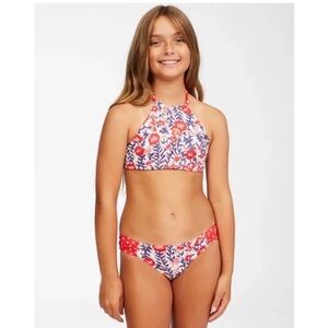 NWT Billabong Girls Red Floral Free Babe Hi Neck Bikini Set L140908 Size 12